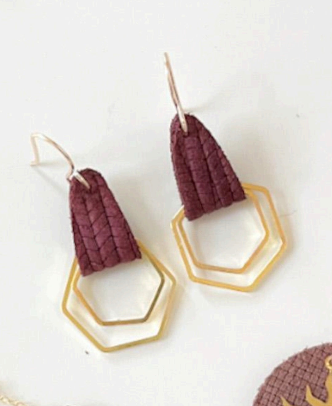 Wine Leather Hexagon Earrings